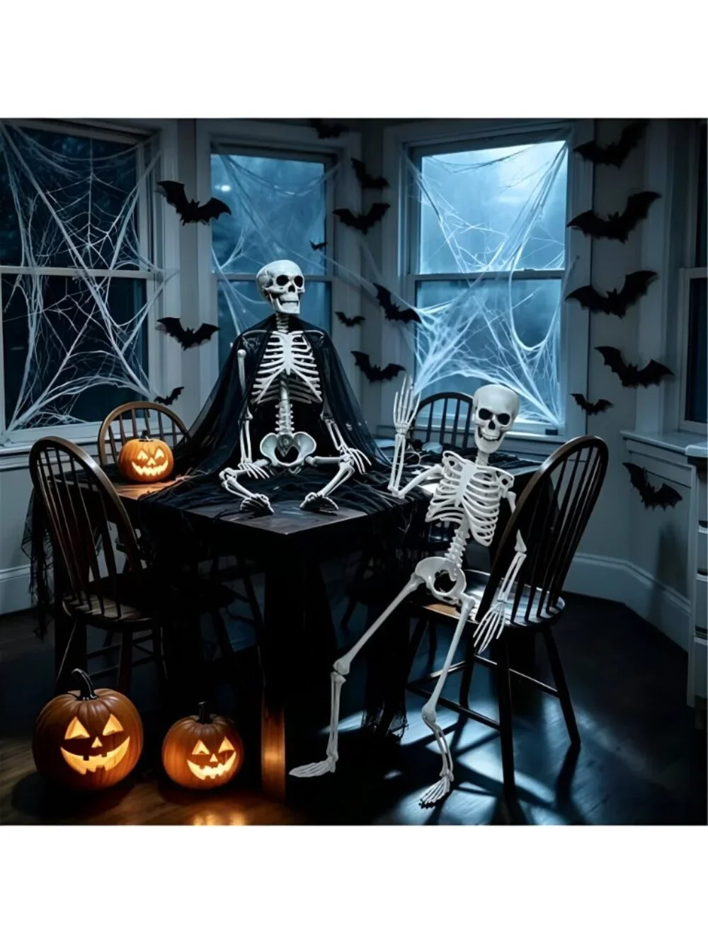 3 Pack 36in Halloween Skeletons,5 Pack 30x72in Black Creepy Cloth,300